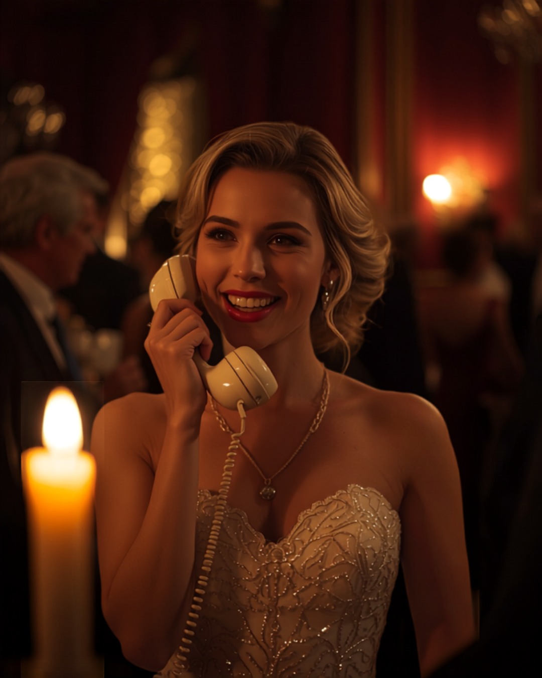 Wedding guest smiling while holding the ivory handset at a candlelit reception