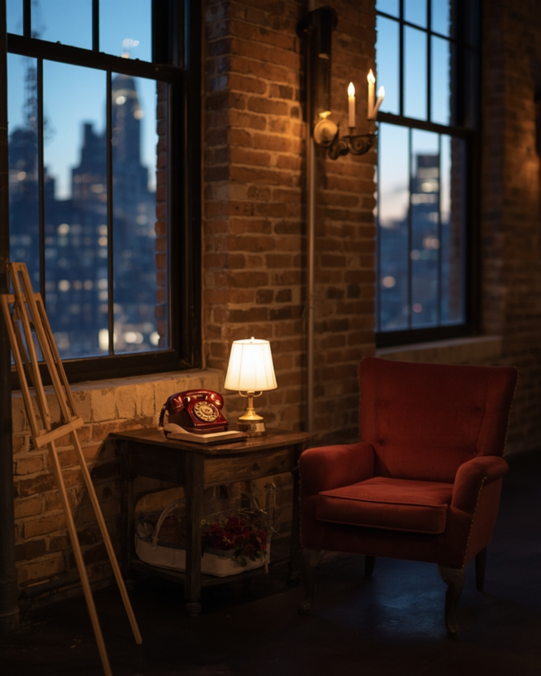 Lamp-lit telephone table and velvet chair by loft windows at dusk in New York