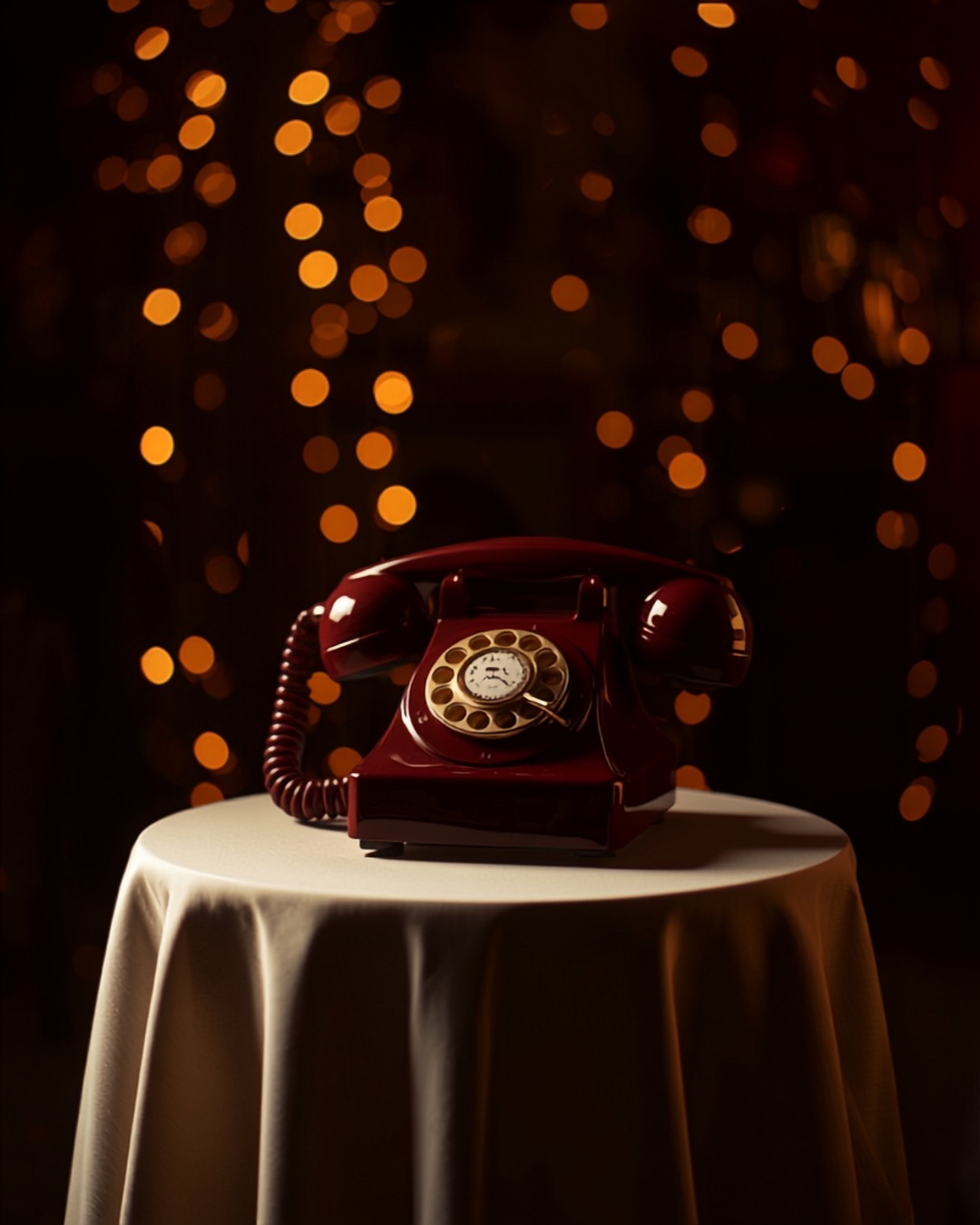 Oxblood rotary telephone on an ivory linen table at a candlelit wedding reception