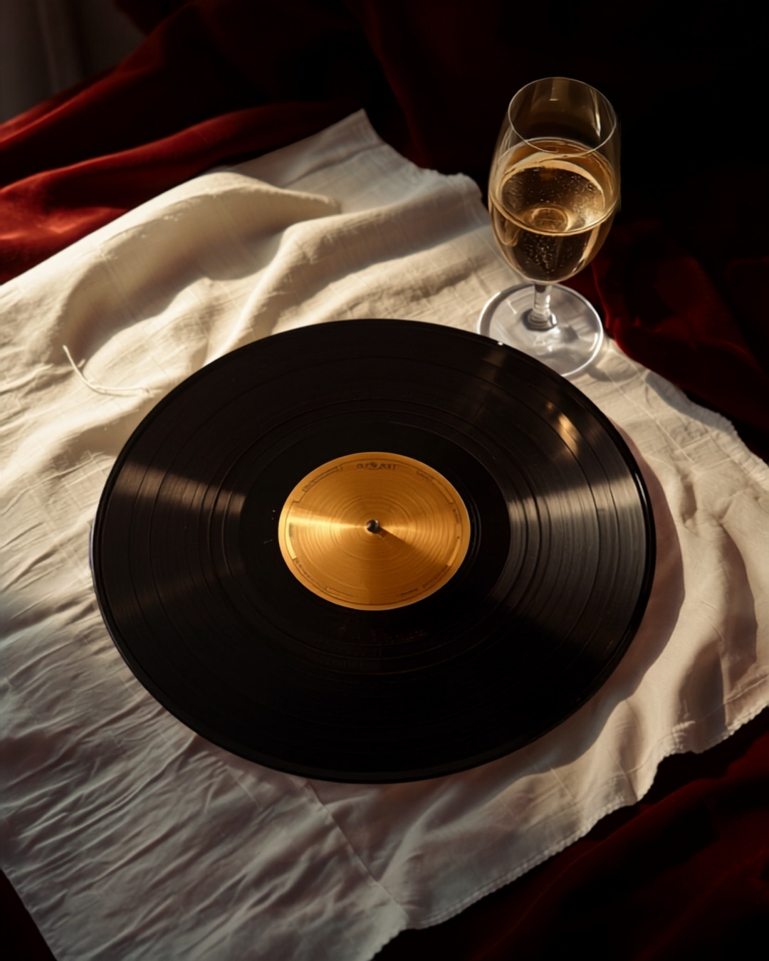 Pressed vinyl record with a brass label on ivory linen beside champagne